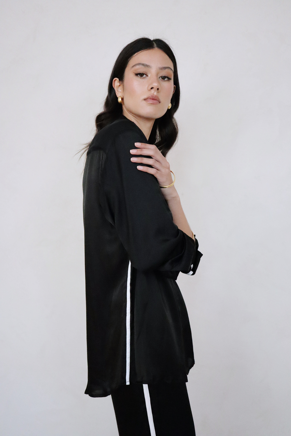 ÉSS Jessica Silk Shirt - Black w Ivory Stripe