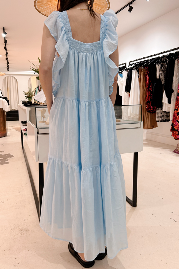 Éss The Label Hayley Ruffle Sleeve Cotton Dress - Blue