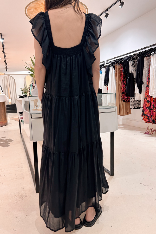 Éss The Label Hayley Ruffle Sleeve Cotton Dress - Black