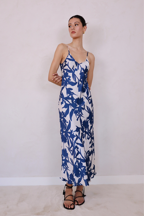 ÉSS The Olive Silk Slip Dress - Cobalt Floral