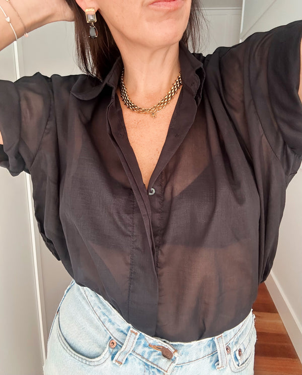 ÉSS Terrina Oversized Short Sleeve Cotton Shirt - Black