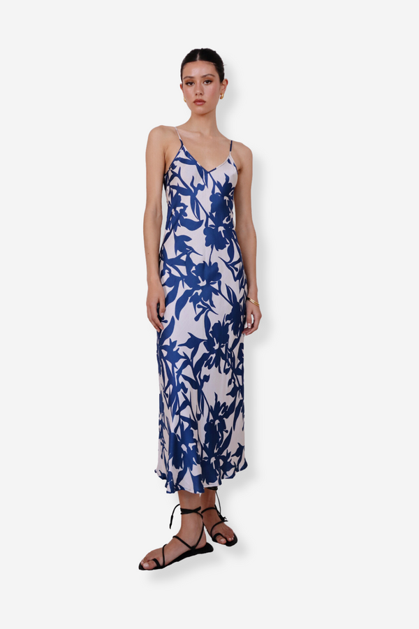 ÉSS The Olive Silk Slip Dress - Cobalt Floral