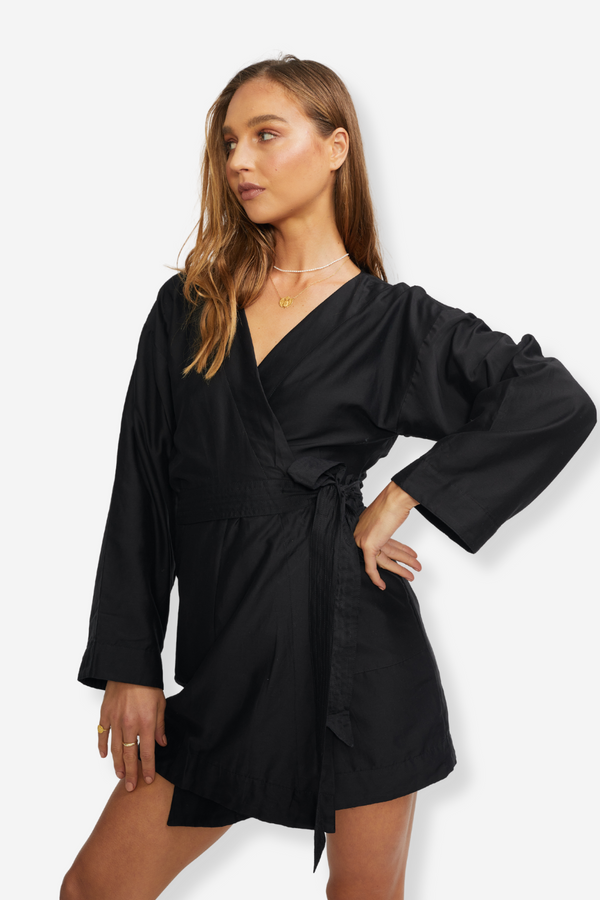 ÉSS Kimono Silk Mini Dress - Black