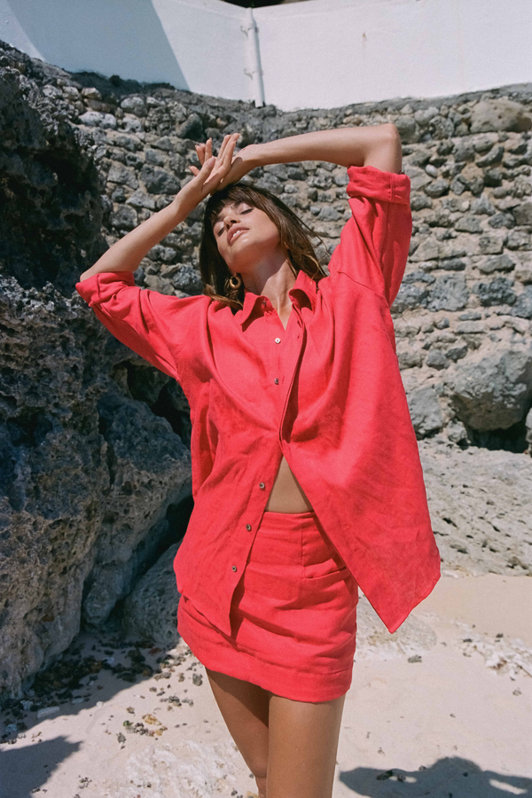 ÉSS Terrina Oversized Linen Shirt - Red