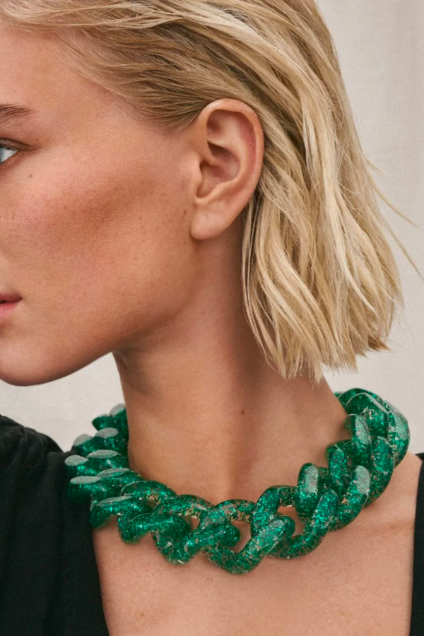 Vanessa Baroni Big Flat Chain Necklace - Green Glitter