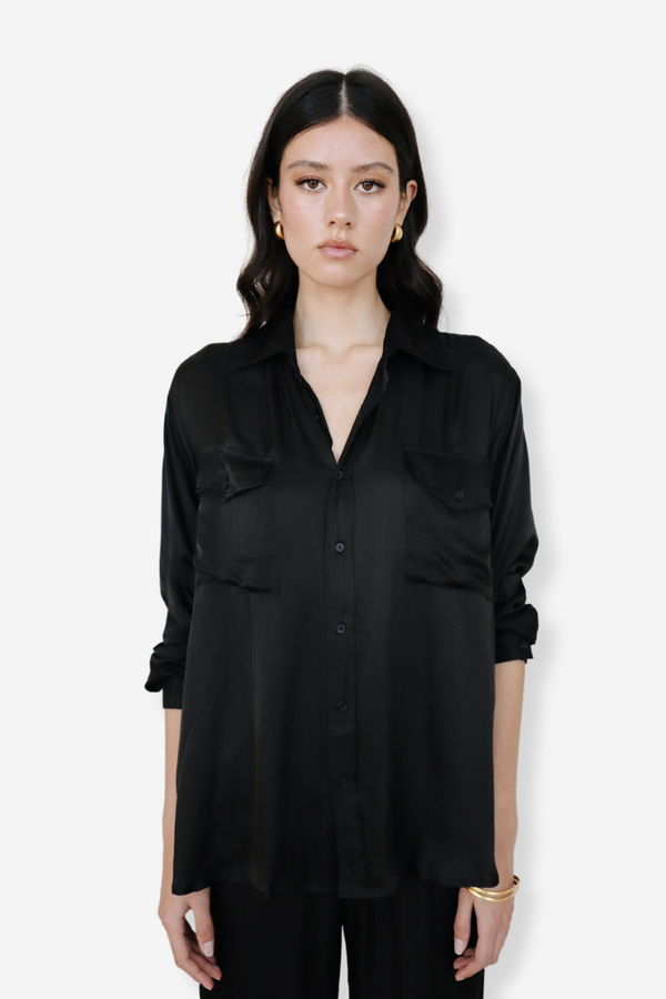 ÉSS Jessica Silk Shirt - Black w Ivory Stripe