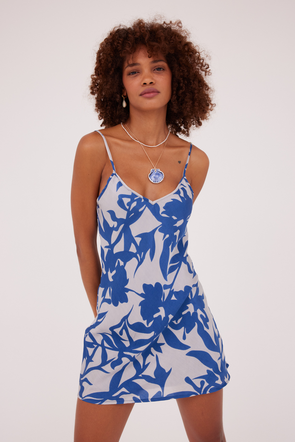 ÉSS Olive Silk Mini Dress - Cobalt Floral