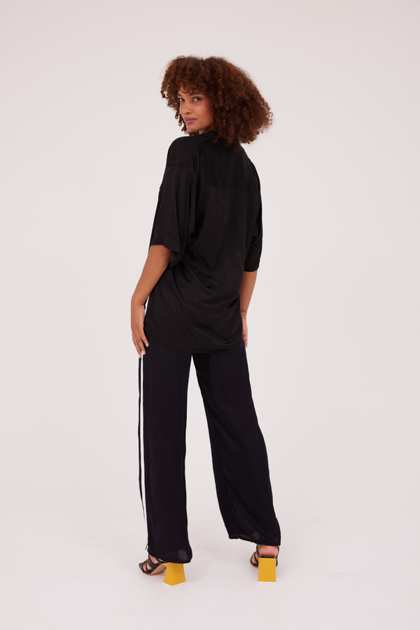 ÉSS Gabrielle Silk High Waisted Pant - Black w Ivory Stripe
