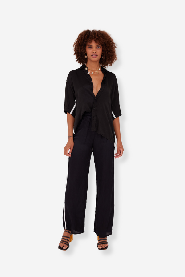 ÉSS Gabrielle Silk High Waisted Pant - Black w Ivory Stripe