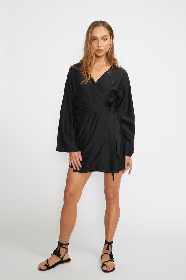 ÉSS Kimono Silk Mini Dress - Black