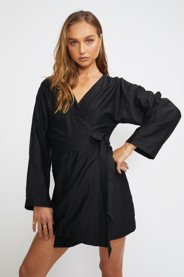 ÉSS Kimono Silk Mini Dress - Black