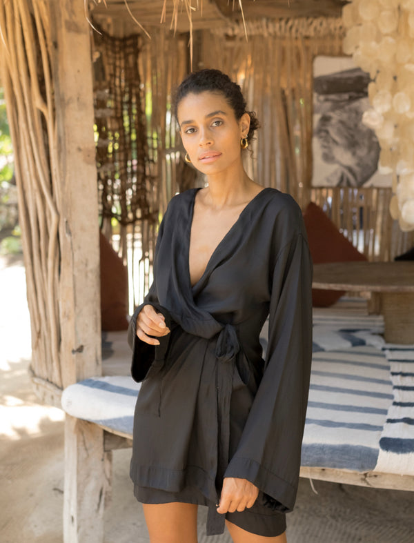 SS Kimono Silk Mini Dress Black Splice Boutique