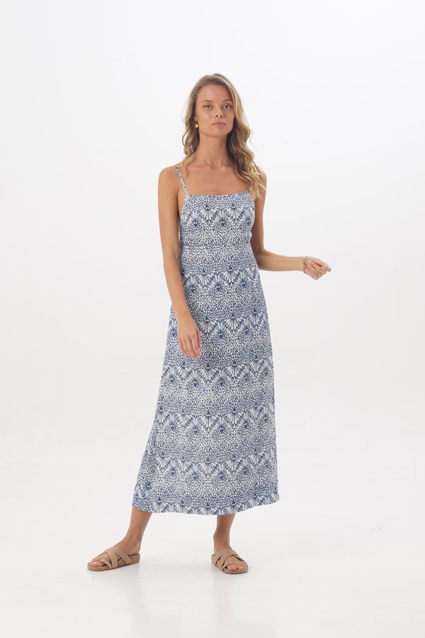 ÉSS Lola Linen Midi Dress - Taj Print Blue